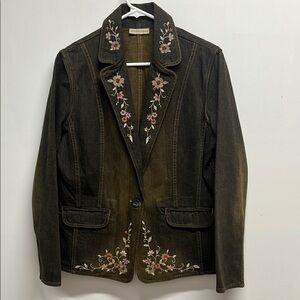Apostrophe Faded Black Denim Blazer with Ornate Embroidery